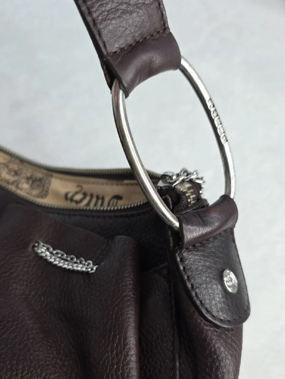 Juicy Couture Dark Brown Pebbled Leather Shoulder Bag with Silver Chain Accents